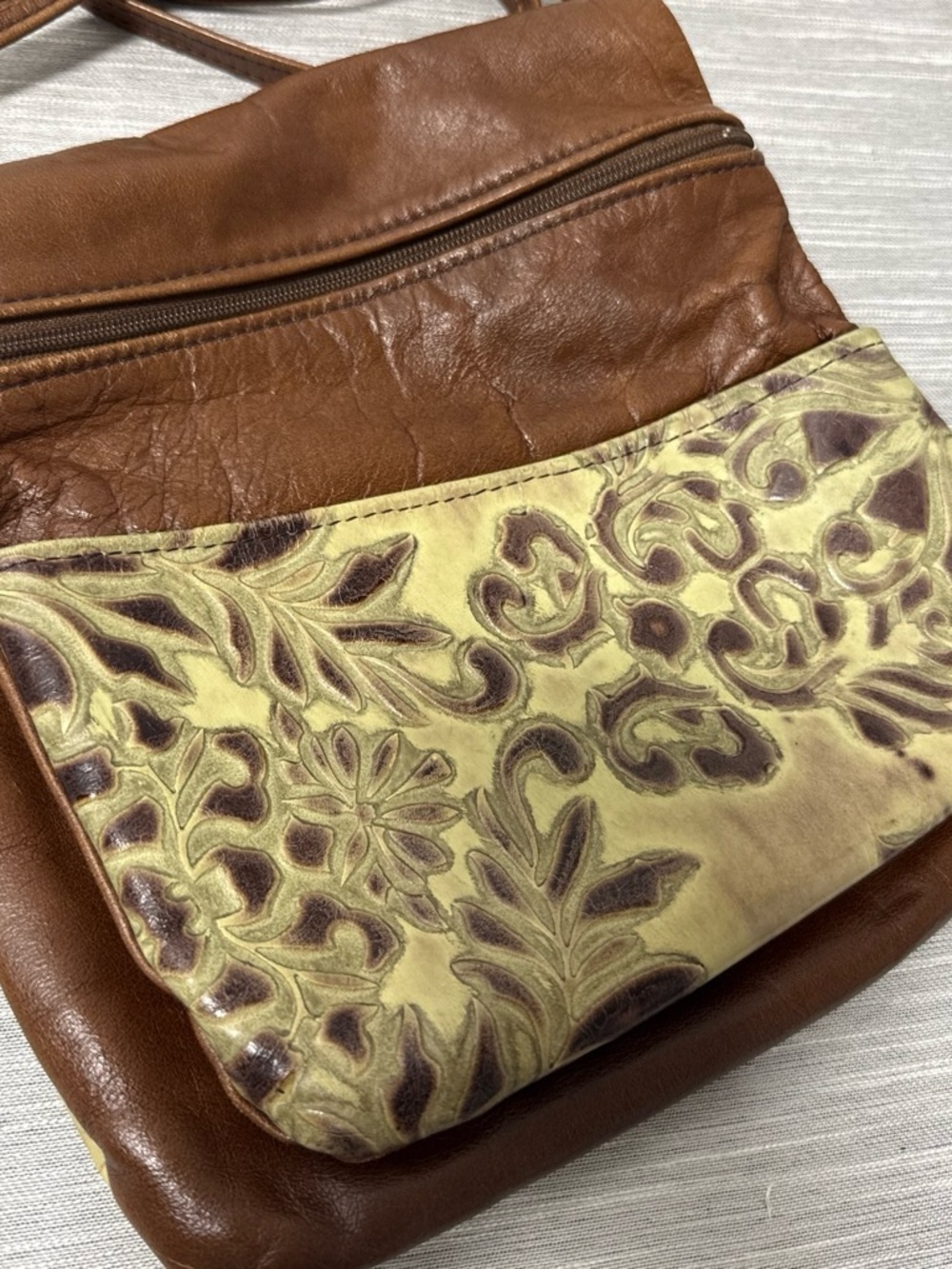 No Boundaries Brown and Cream Floral Tooled Crossbody Bag
